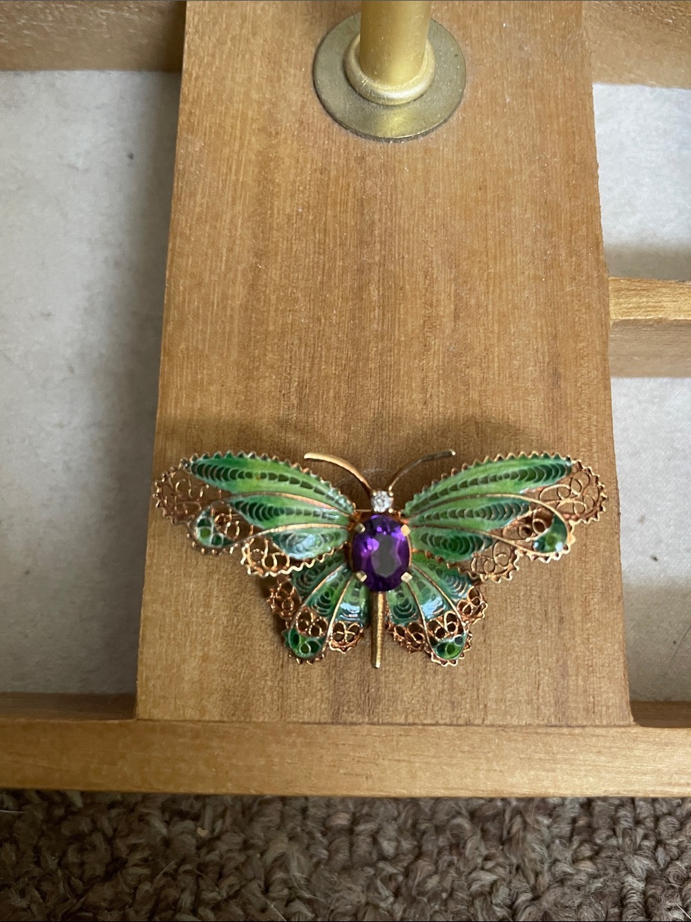 Green Enamel Butterfly Brooch with Amethyst and Diamond #21G